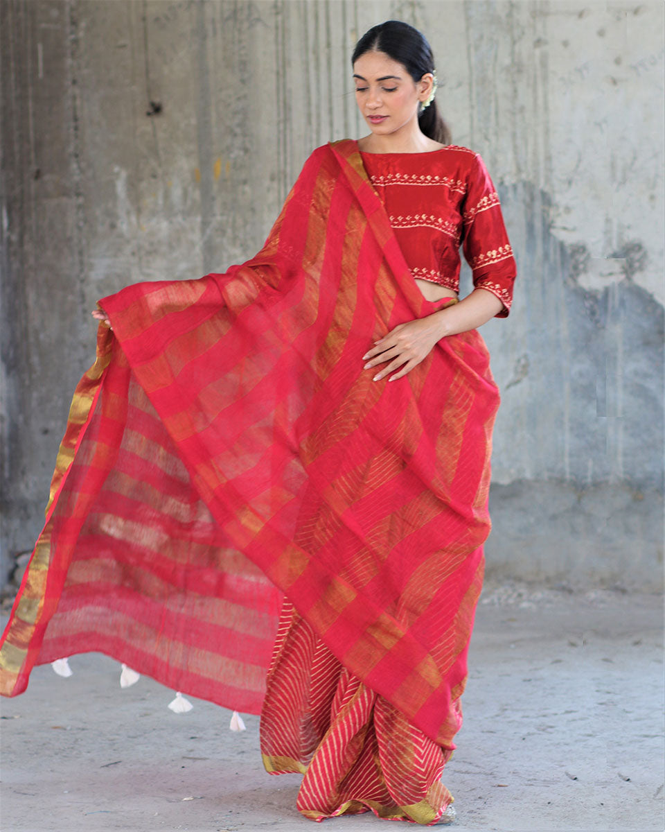 Linen zari saree | Linen saree | Linen saree online | Chidiyaa