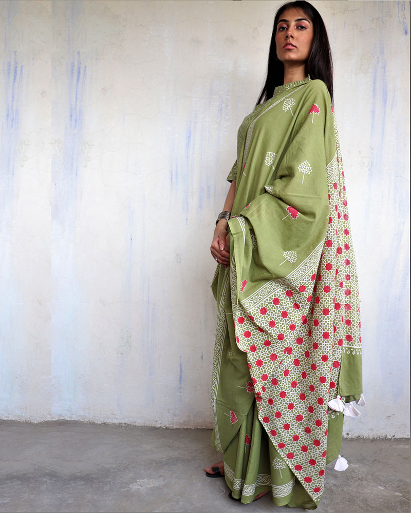 Green hand-blockprint saree