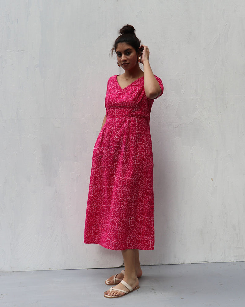 Hibicus Hand Block-Printed Cotton Dress - Pink