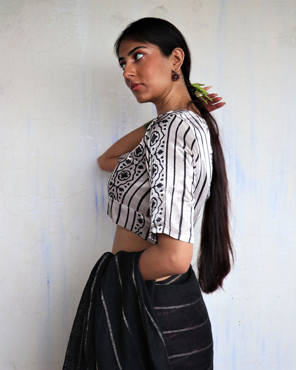 Asha Ivory Hand Blockprinted Mashru Silk Blouse-Yesterday