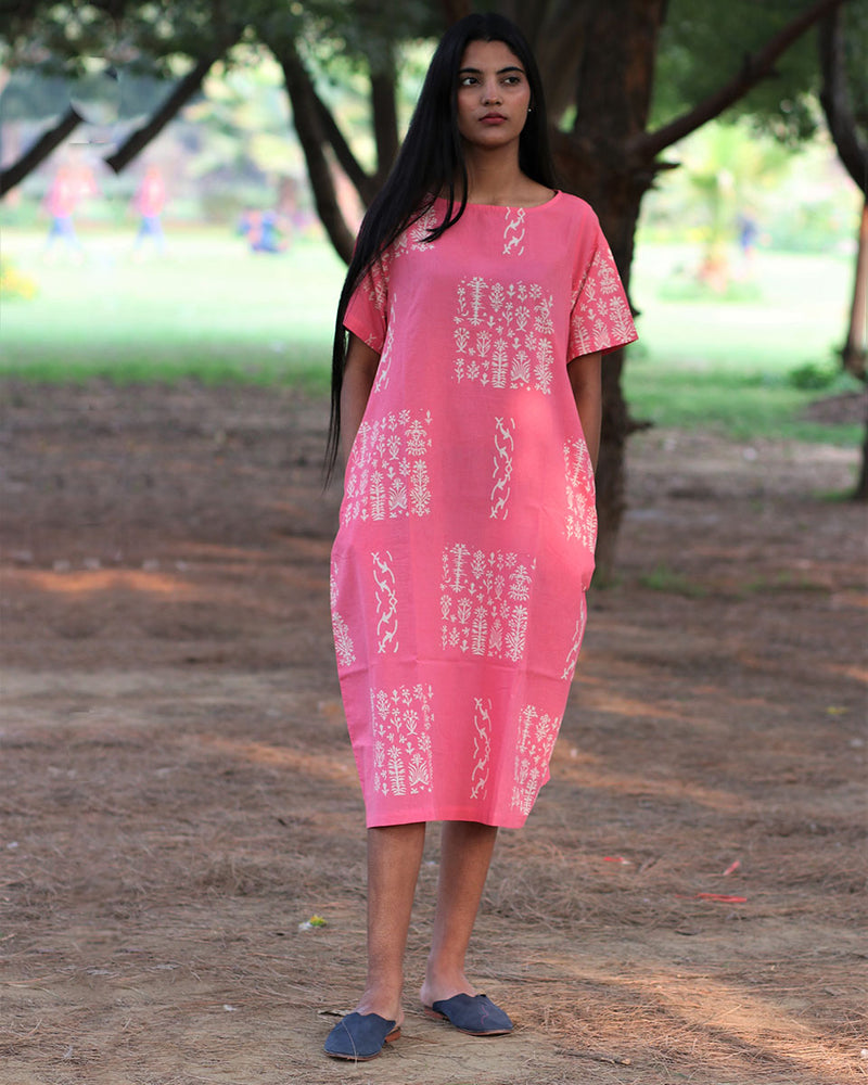 Pink Handprinted Pure Cotton Dress-Slow