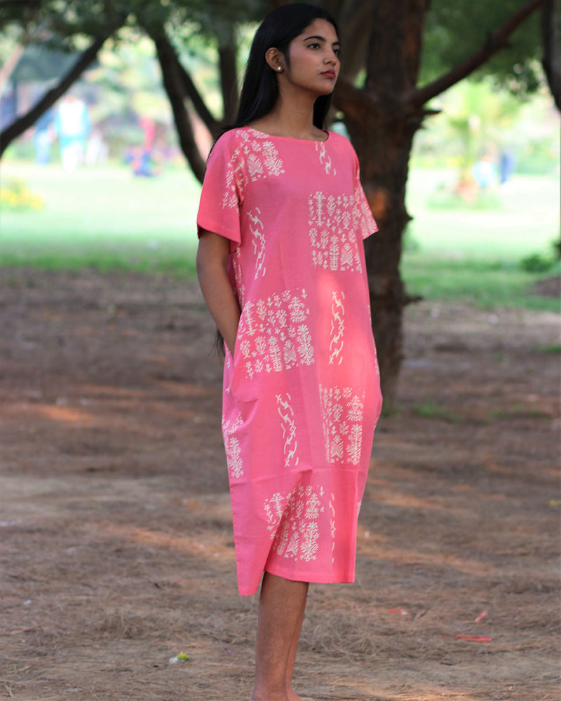 Pink Handprinted Pure Cotton Dress-Slow