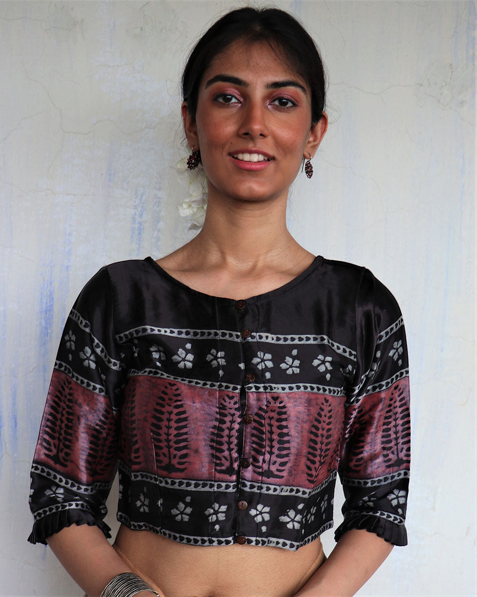 Mala Black Hand Blockprinted Mashru Silk Blouse-Yesterday