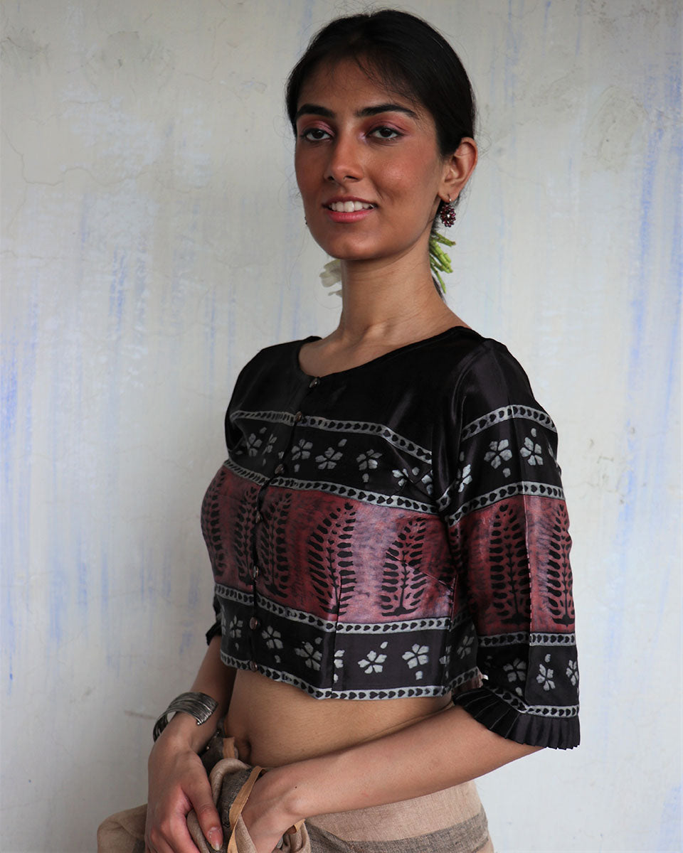 Mala Black Hand Blockprinted Mashru Silk Blouse-Yesterday