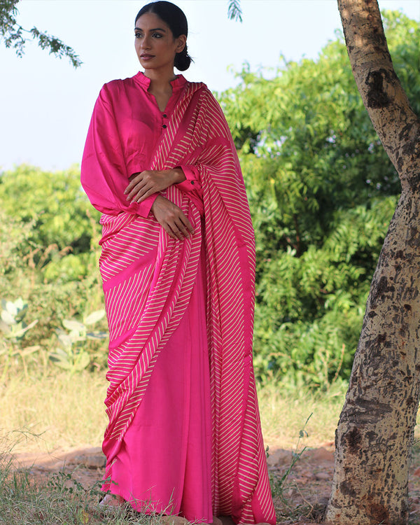 Pink Blockprinted Modal Silk Saree - Rang