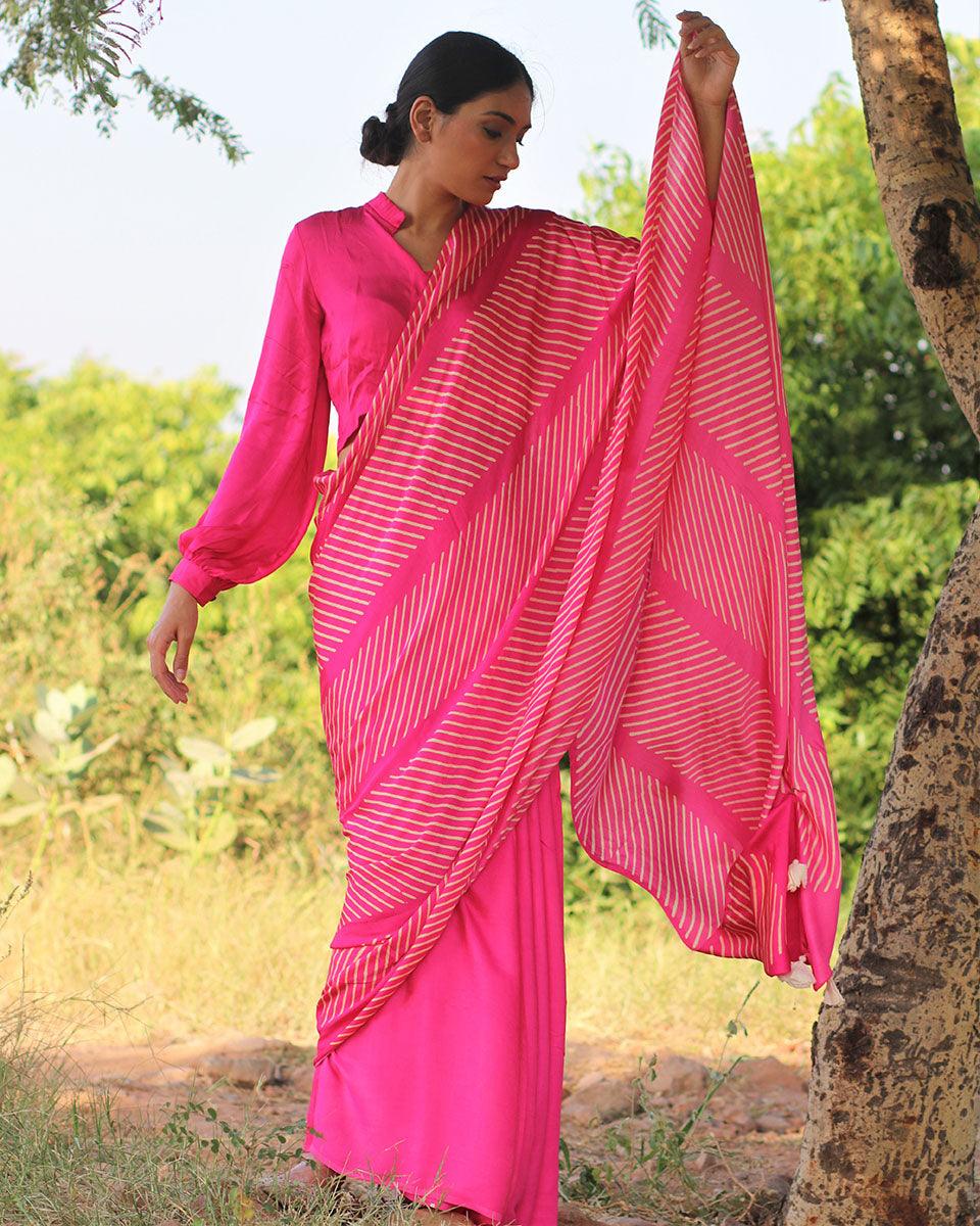 Pink Blockprinted Modal Silk Saree - Rang