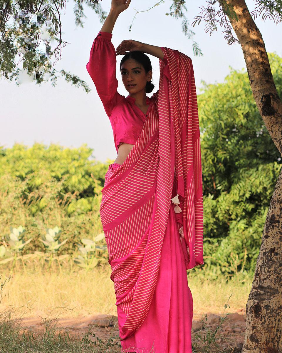 Pink Blockprinted Modal Silk Saree - Rang