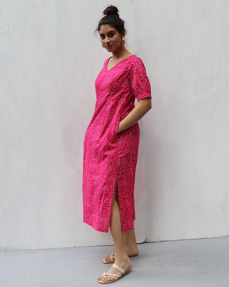 Hibicus Hand Block-Printed Cotton Dress - Pink