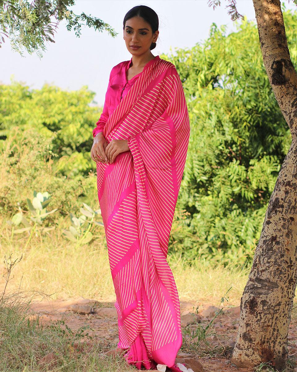 Pink Blockprinted Modal Silk Saree - Rang