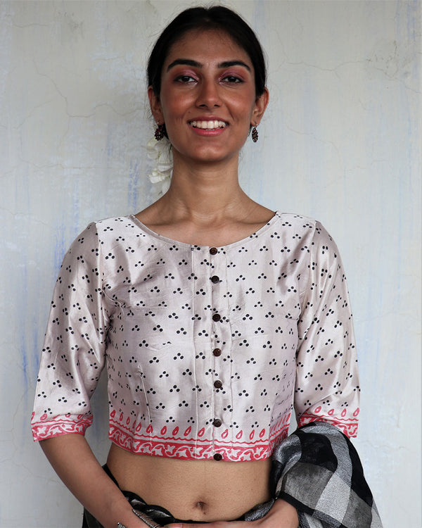 Noor Ivory Hand Blockprinted Mashru Silk Blouse-Yesterday