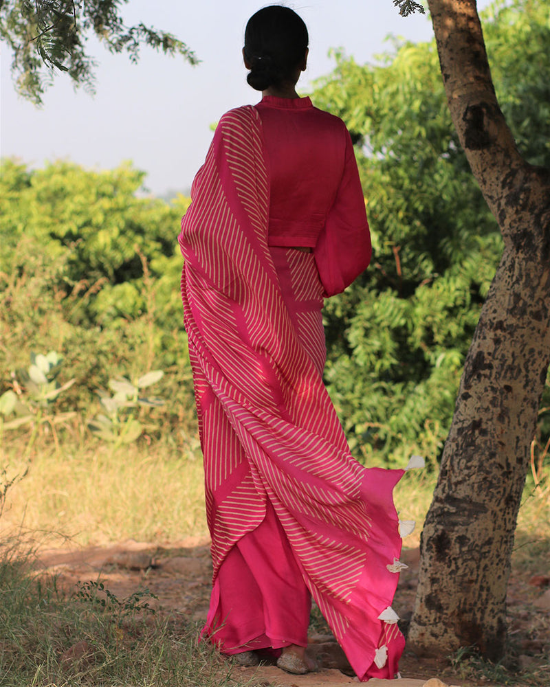 Pink Blockprinted Modal Silk Saree - Rang