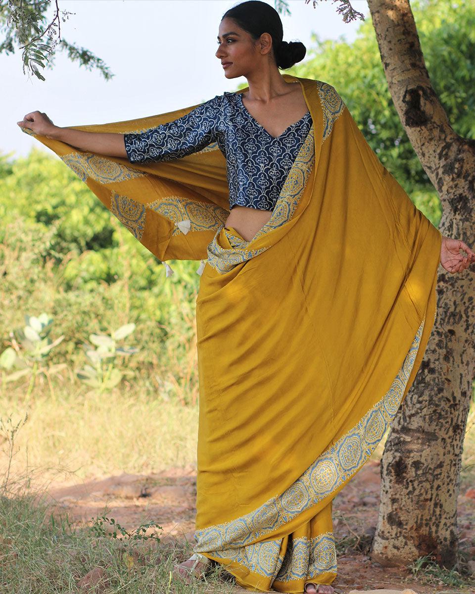 Mustard Blockprinted Modal Silk Saree - Rang