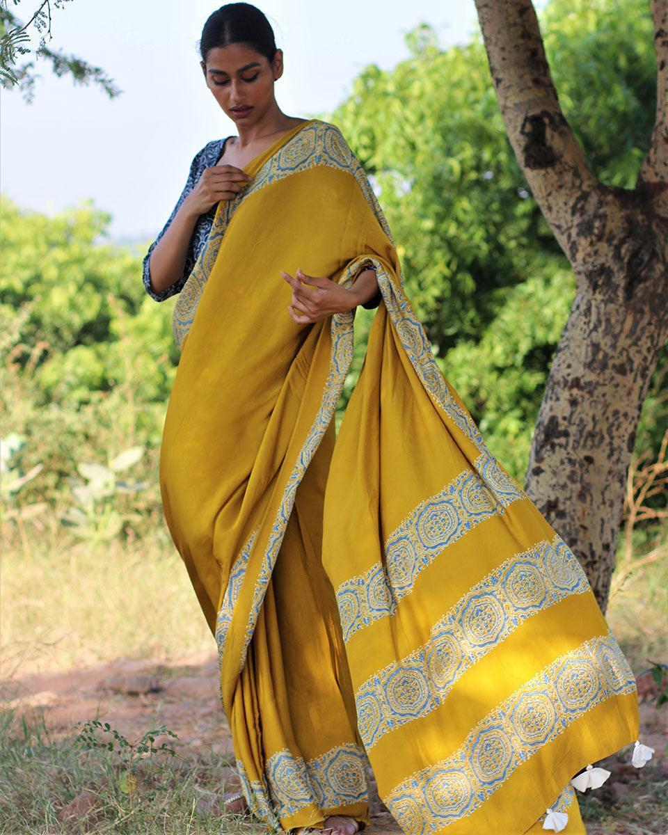 Mustard Blockprinted Modal Silk Saree - Rang