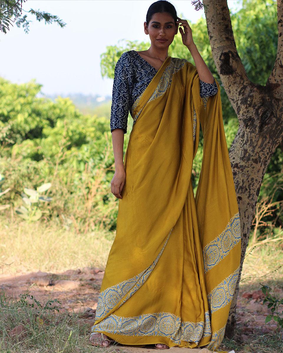 Mustard Blockprinted Modal Silk Saree - Rang