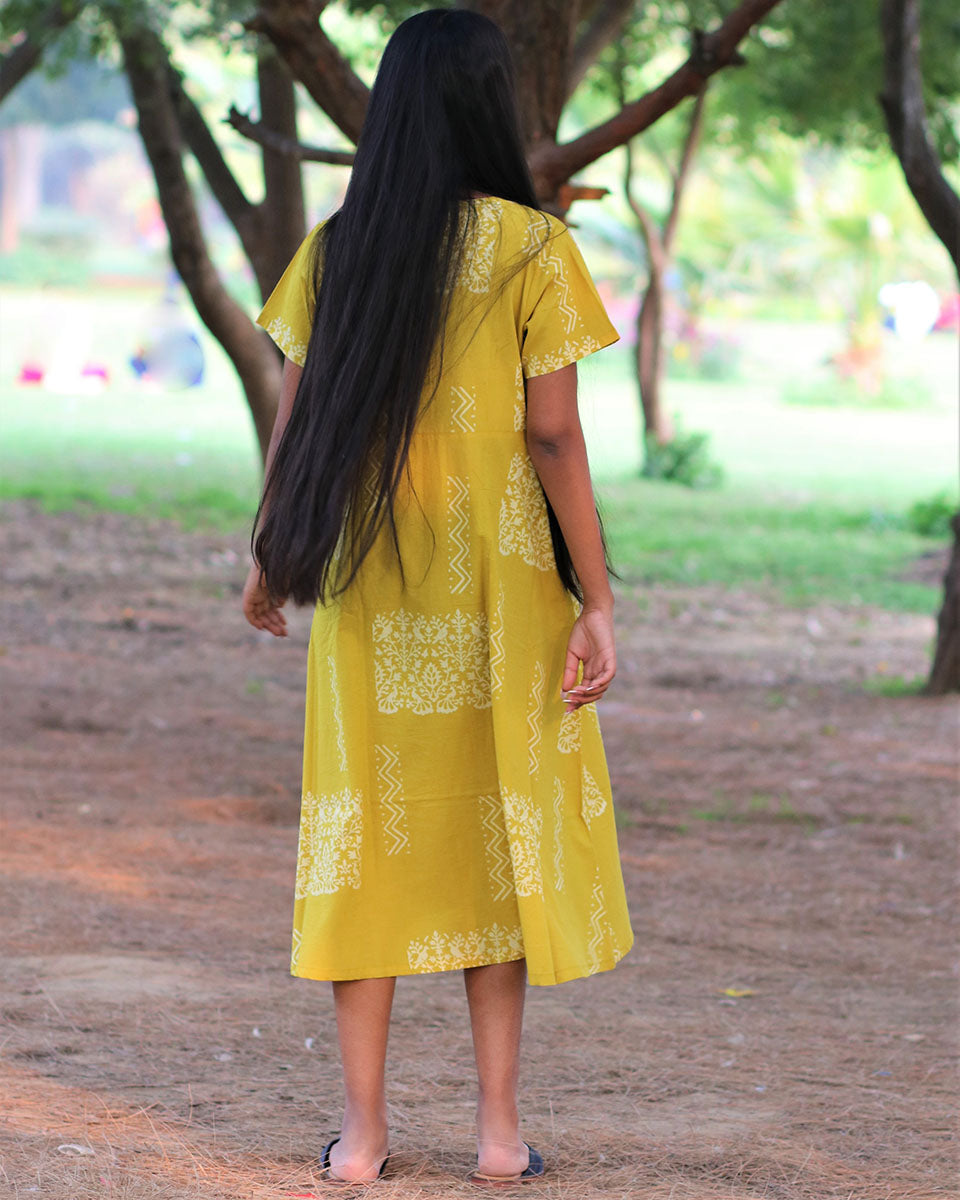 Yellow Handprinted Pure Cotton Dress-Slow