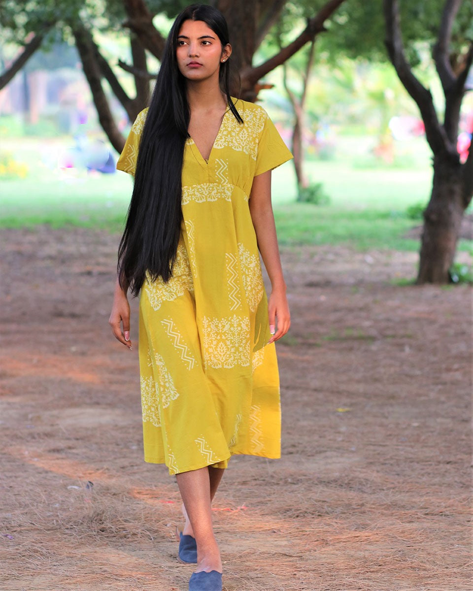 Yellow Handprinted Pure Cotton Dress-Slow
