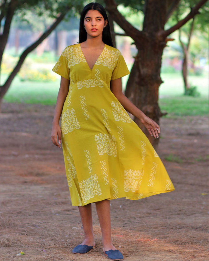 Yellow Handprinted Pure Cotton Dress - Slow