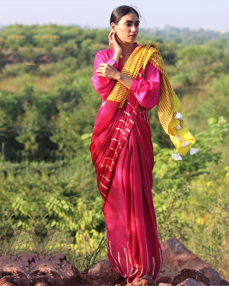 Pink-Yellow Blockprinted Modal Silk Saree - Rang