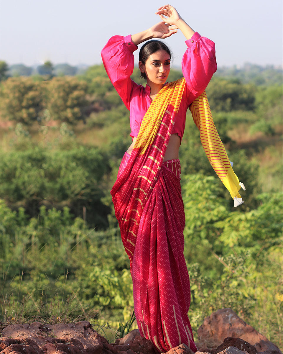 Pink-Yellow Blockprinted Modal Silk Saree - Rang