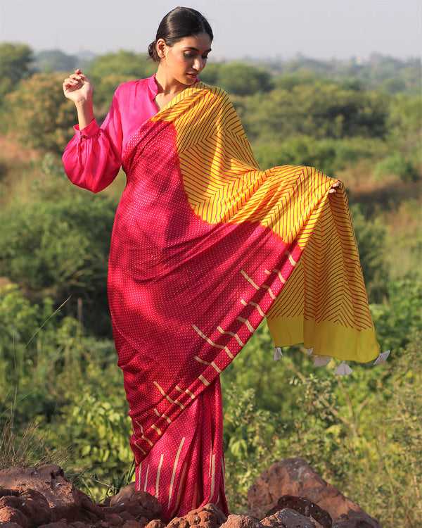 Pink-Yellow Blockprinted Modal Silk Saree - Rang