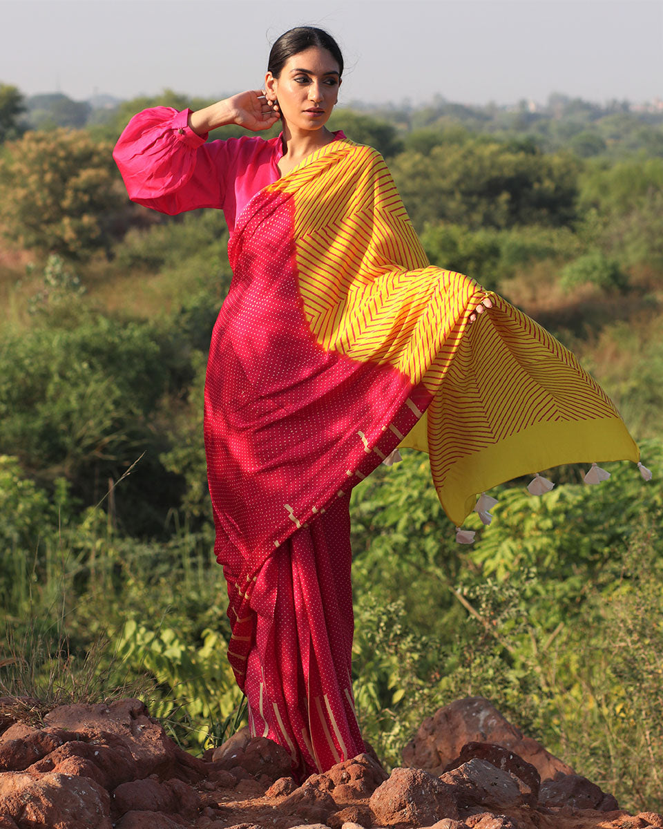 Pink-Yellow Blockprinted Modal Silk Saree - Rang