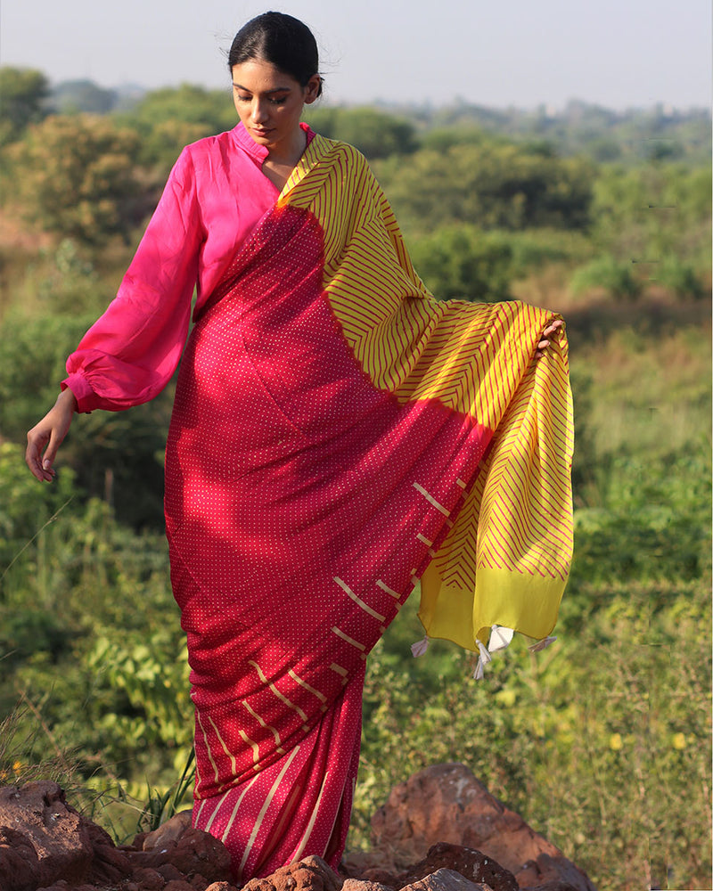 Pink-Yellow Blockprinted Modal Silk Saree - Rang