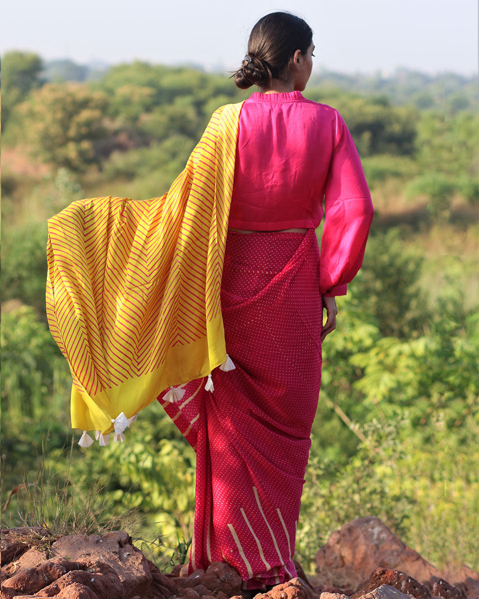 Pink-Yellow Blockprinted Modal Silk Saree - Rang