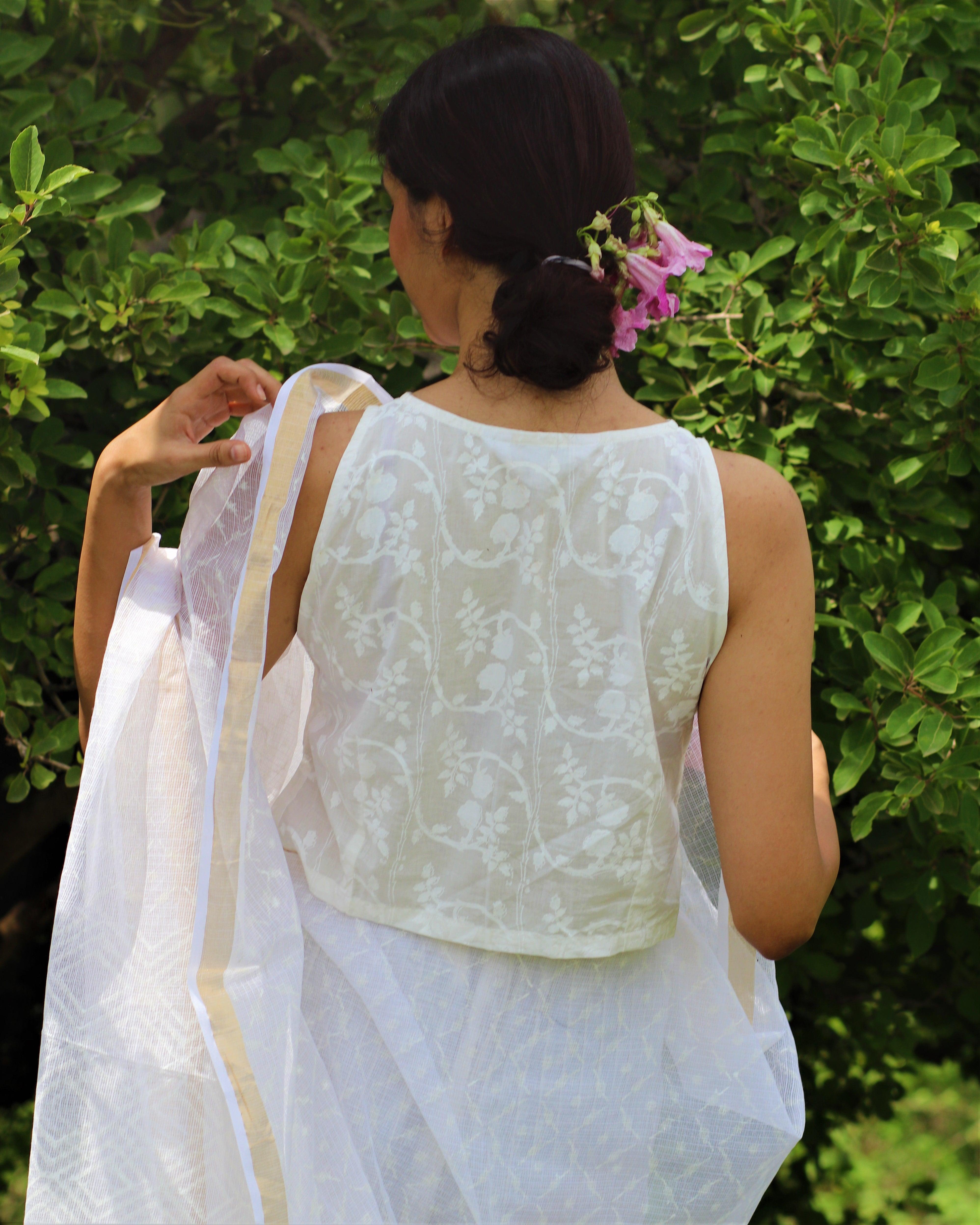 Ivory Pure Cotton Sleeveless Handprinted Blouse-Safed