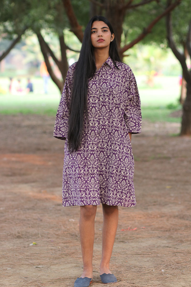 Purple Jal Handprinted Pure Cotton Dress-Slow