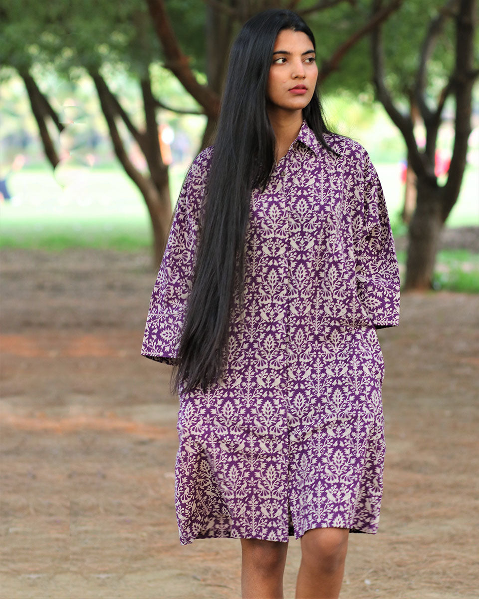 Purple Jal Handprinted Pure Cotton Dress-Slow