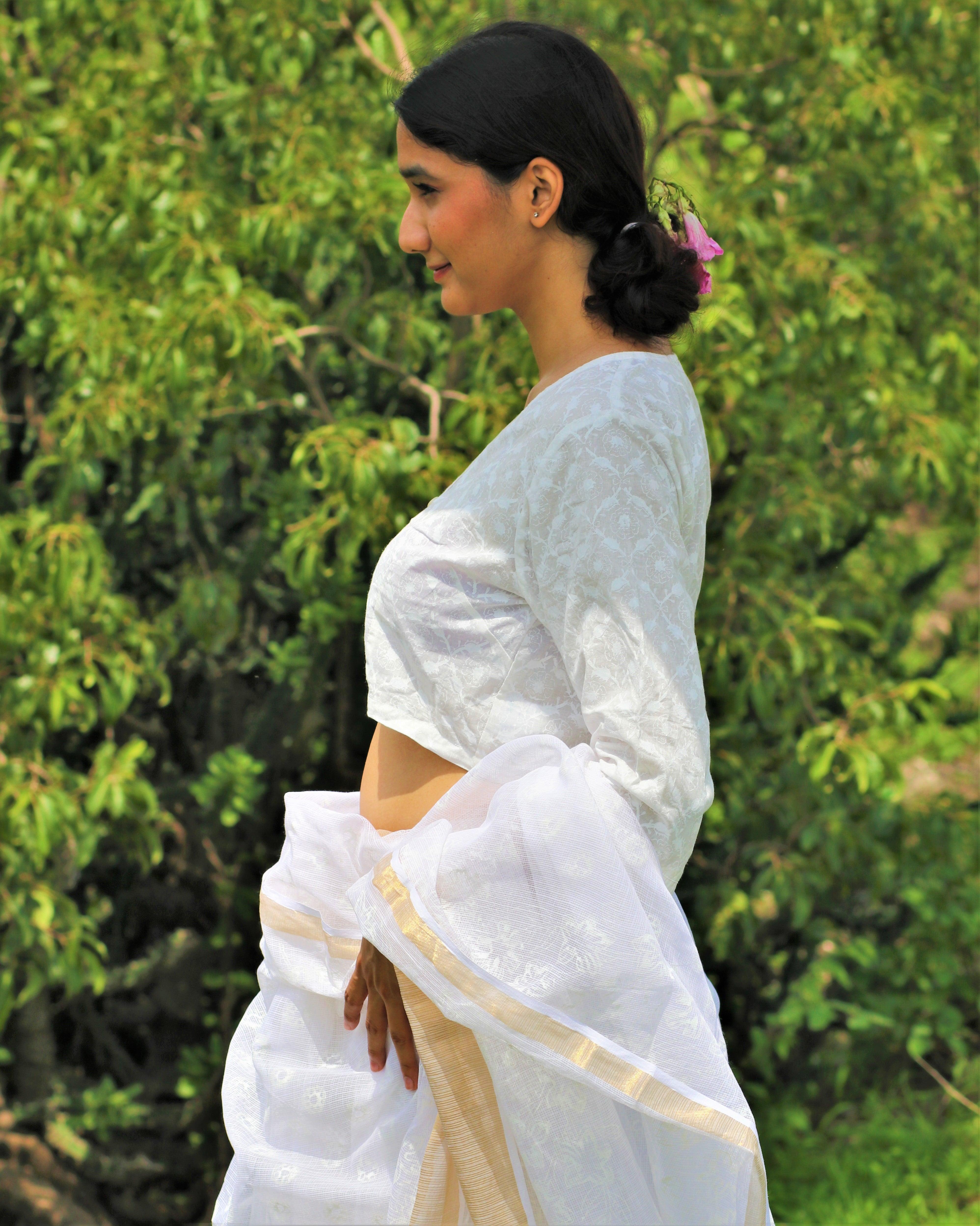 Ivory Pure Cotton Handprinted Blouse-Safed