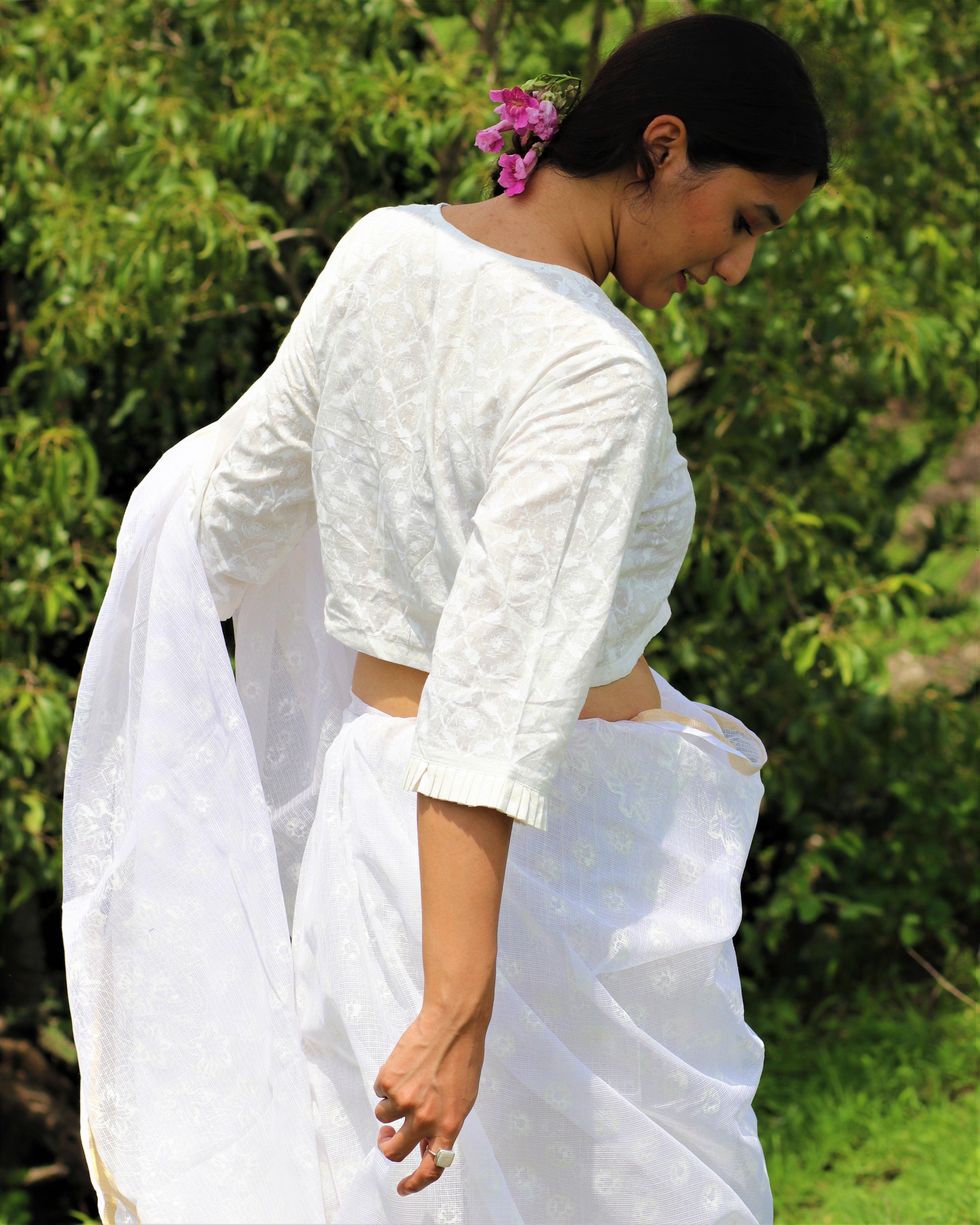 Ivory Pure Cotton Handprinted Blouse-Safed