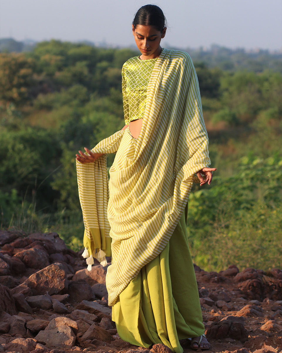 Parrot Green Blockprinted Modal Silk Saree - Rang