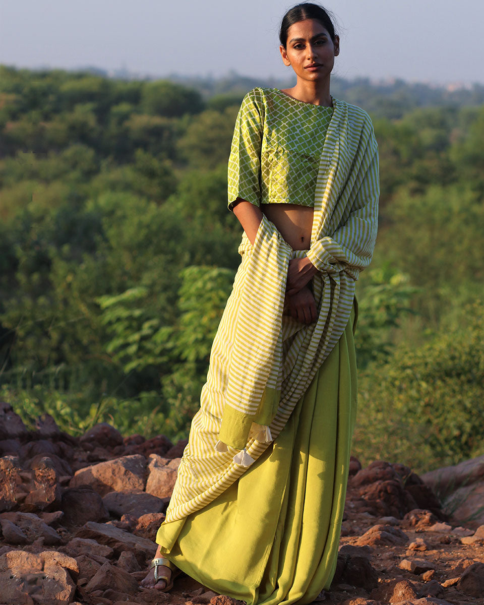 Parrot Green Blockprinted Modal Silk Saree - Rang