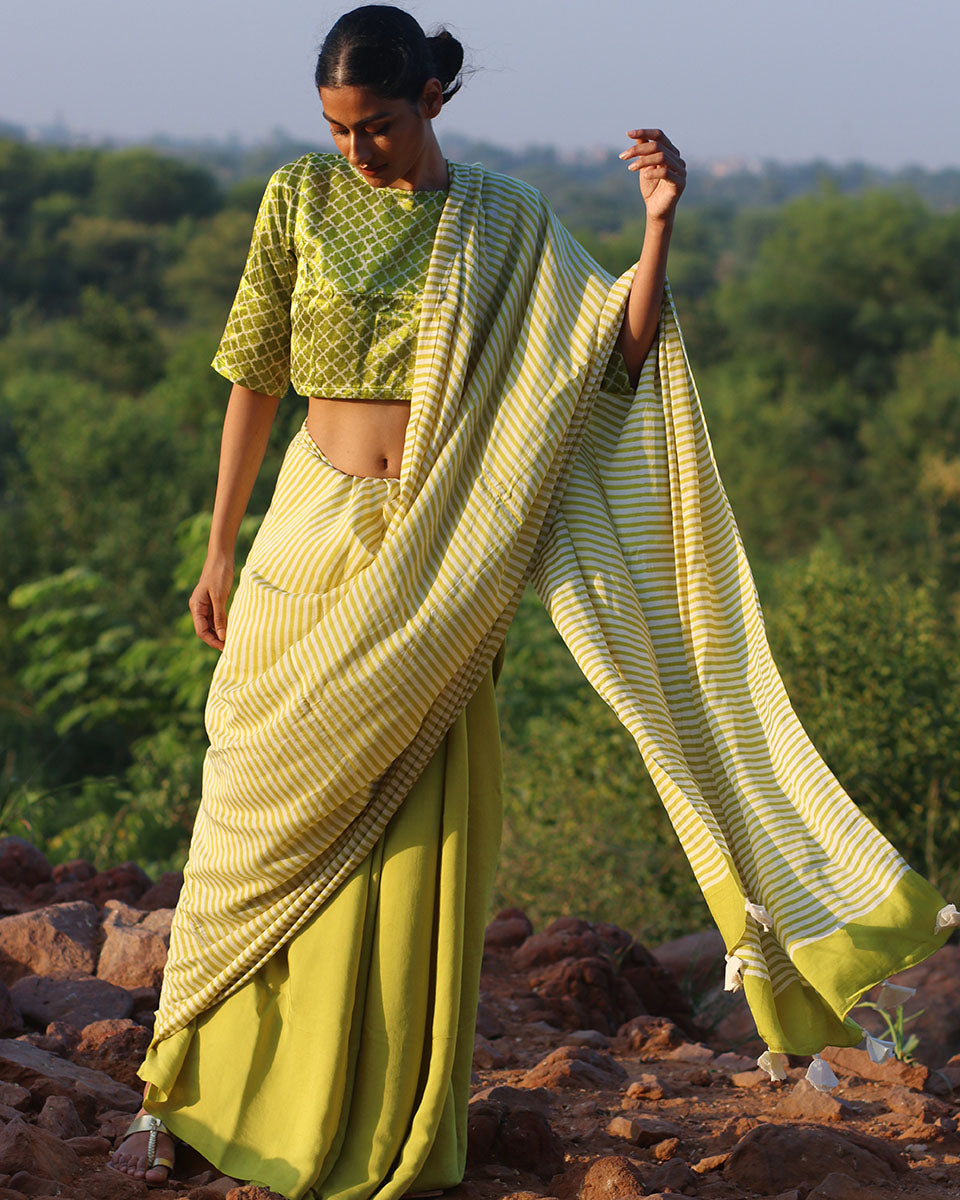 Parrot Green Blockprinted Modal Silk Saree - Rang