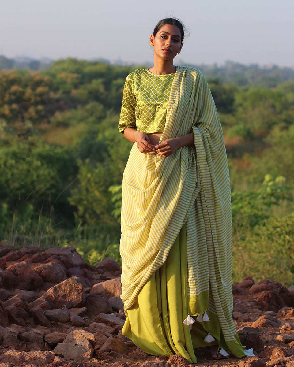 Parrot Green Blockprinted Modal Silk Saree - Rang