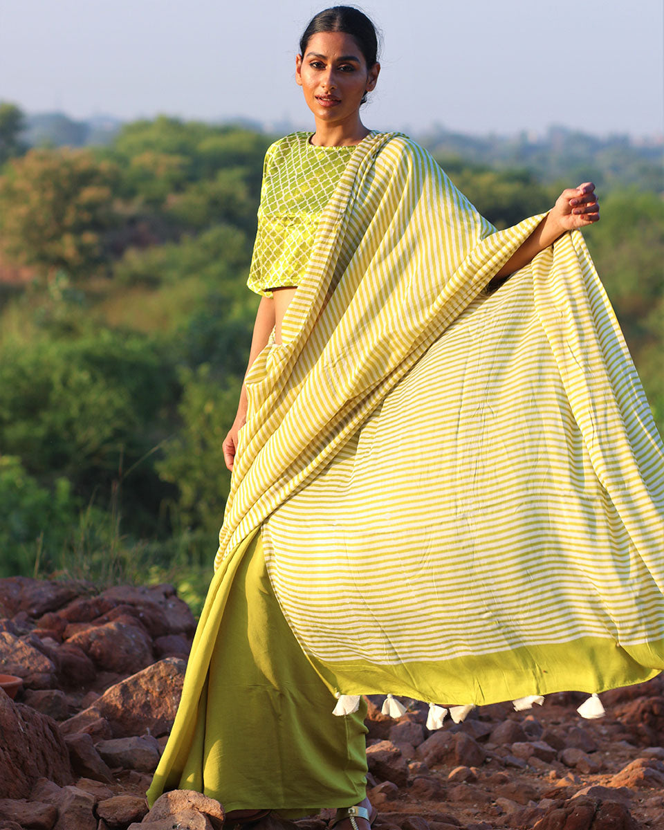 Parrot Green Blockprinted Modal Silk Saree - Rang