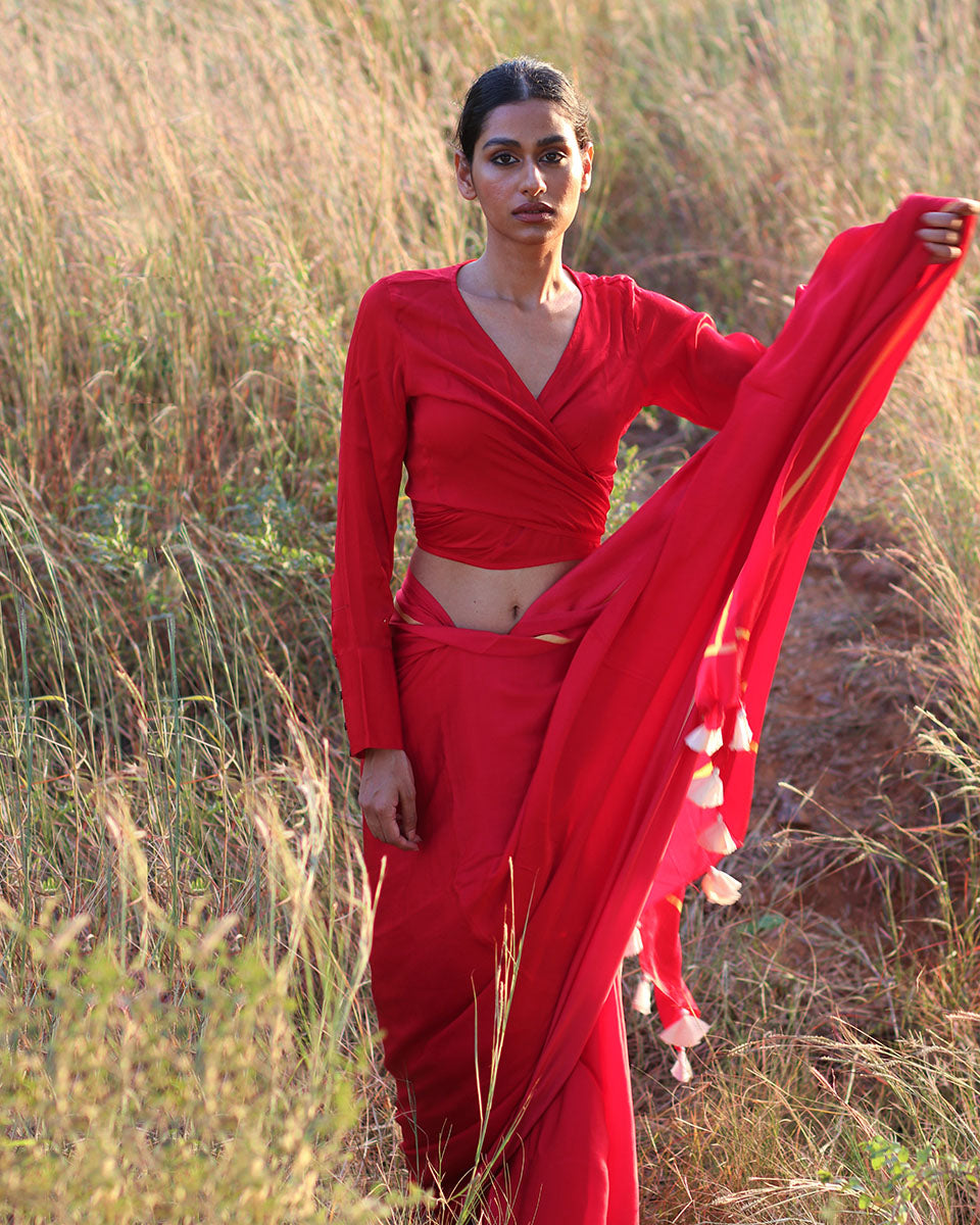 Red Blockprinted Modal Silk Saree - Rang