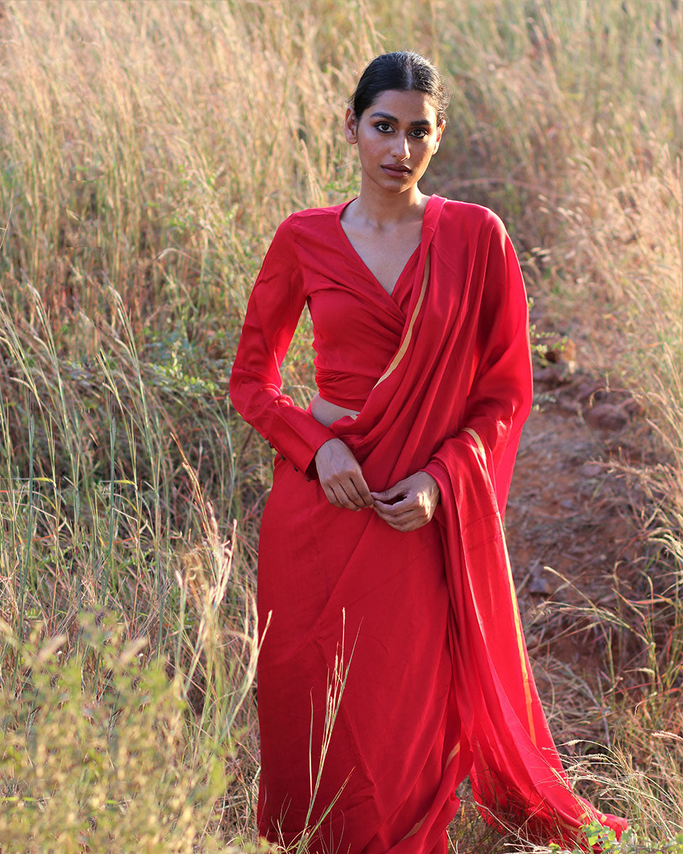 Red Blockprinted Modal Silk Saree - Rang