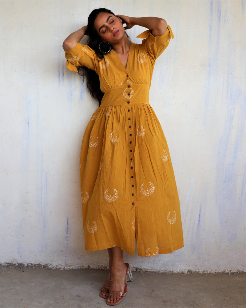 Mustard Moon Block Printed Cotton Dress - Ib