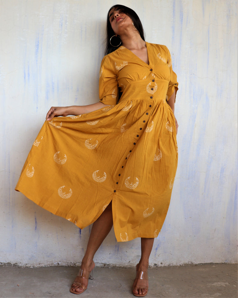 Mustard Moon Block Printed Cotton Dress - Ib