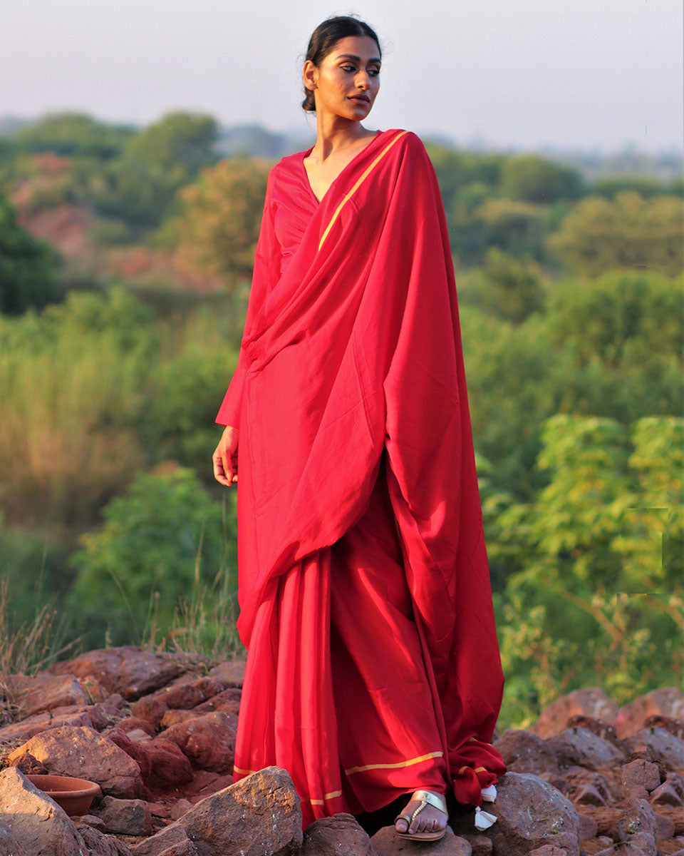 Red Blockprinted Modal Silk Saree - Rang