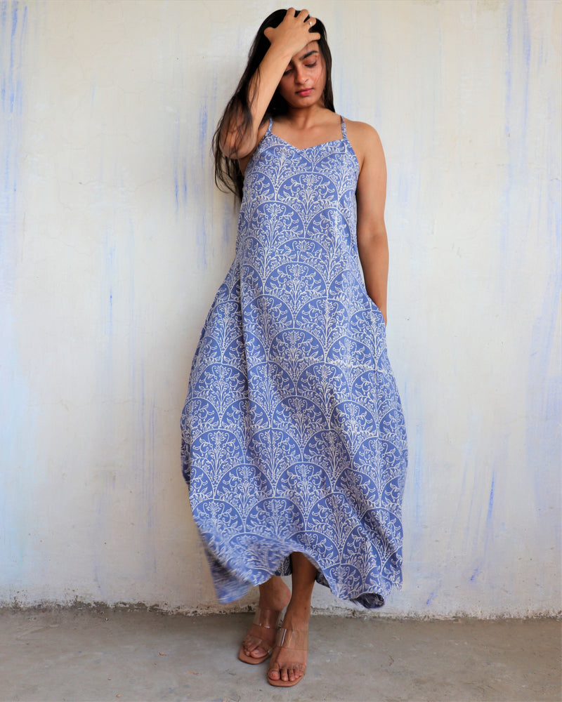Yale Blue Sleeveless Block  Printed Cotton Dress - Ib