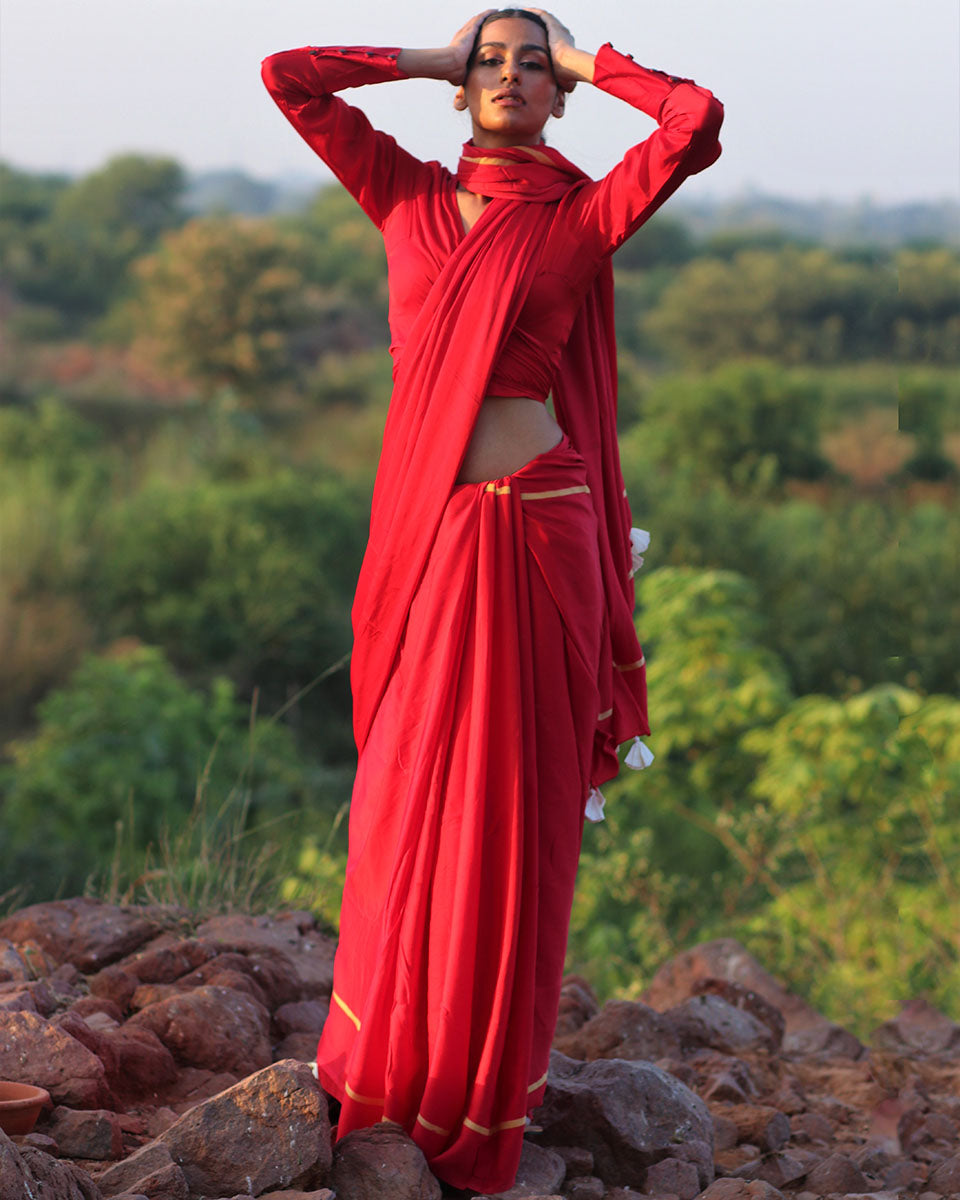 Red Blockprinted Modal Silk Saree - Rang