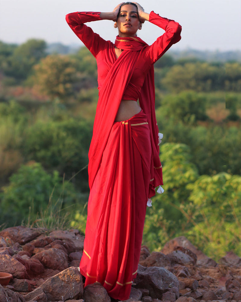 Red Blockprinted Modal Silk Saree - Rang
