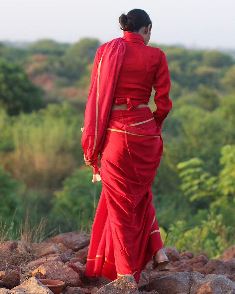 Red Blockprinted Modal Silk Saree - Rang