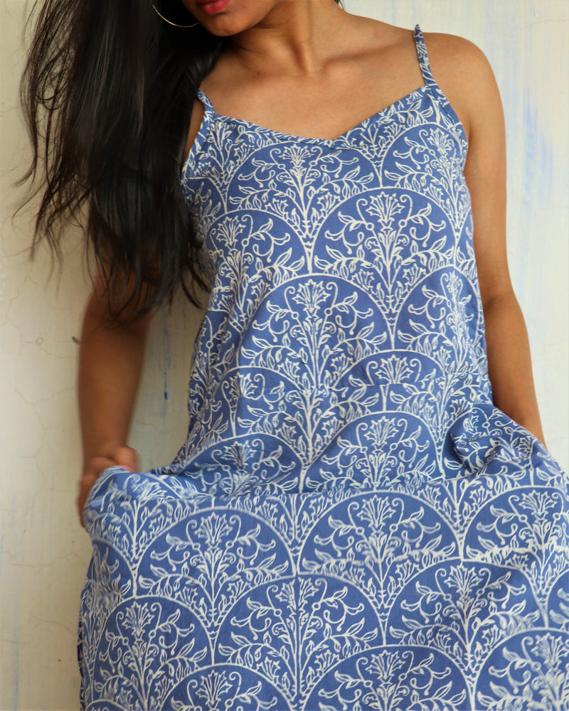 Yale Blue Sleeveless Block  Printed Cotton Dress - Ib