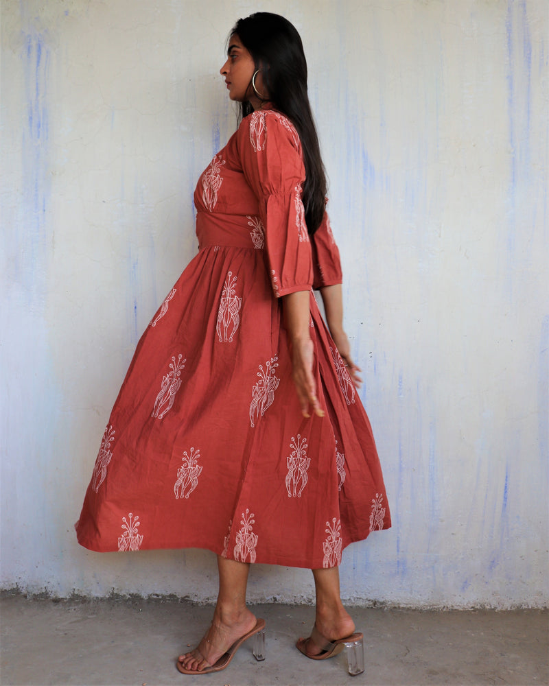 Rust Block Printed Cotton Dress - Ib