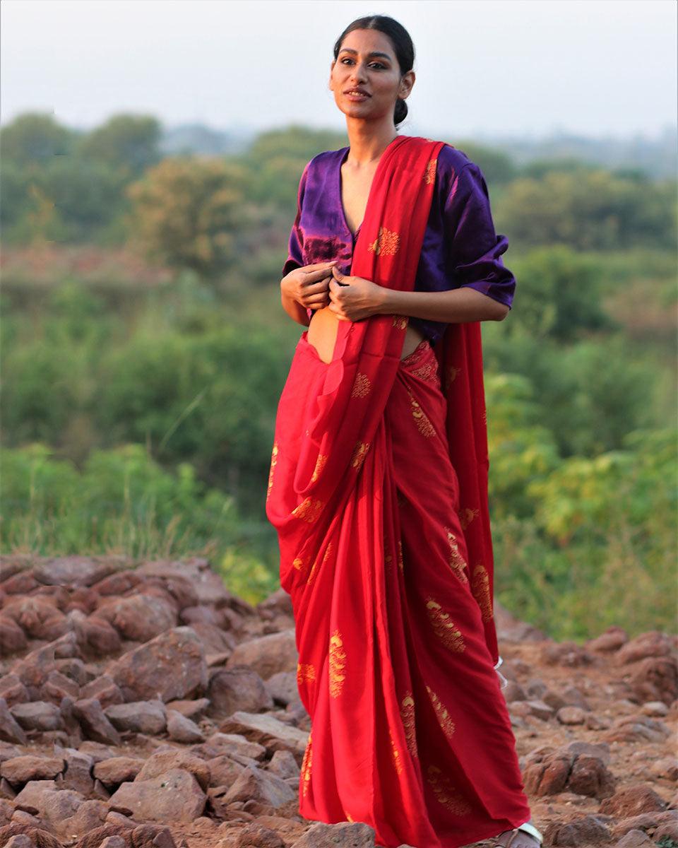 Red Blockprinted Modal Silk Saree - Rang