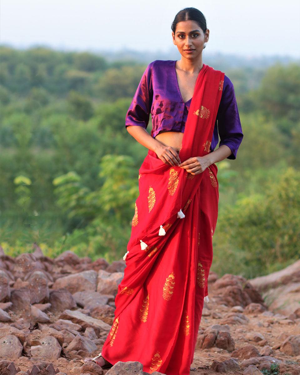 Red Blockprinted Modal Silk Saree - Rang